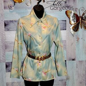 Vintage Tie Dye Floral Print Dagger Collar Blouse Sz M